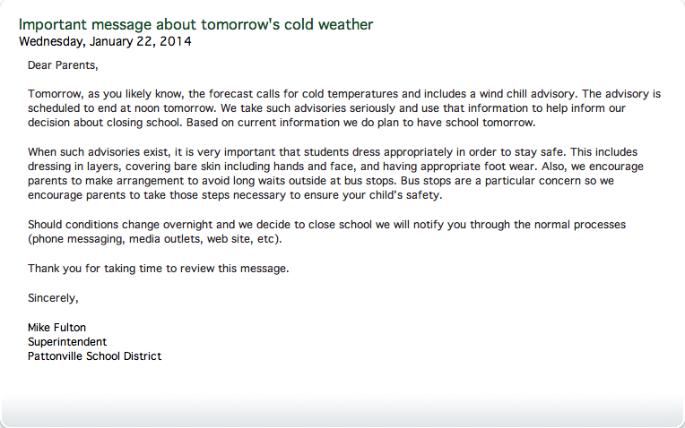 Important message from Dr. Fulton about Thursdays cold weather 