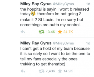 Miley's tweets stating that show would be cancelled once again in St. Louis.