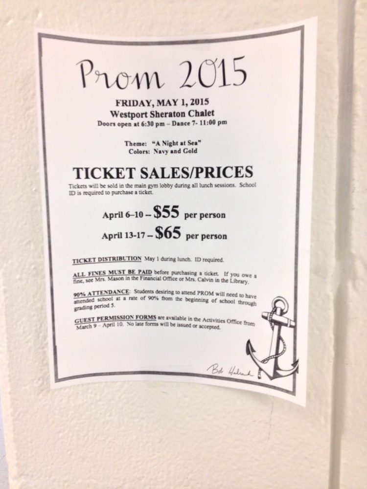 Prom tickets on sale in main gym lobby during all lunches