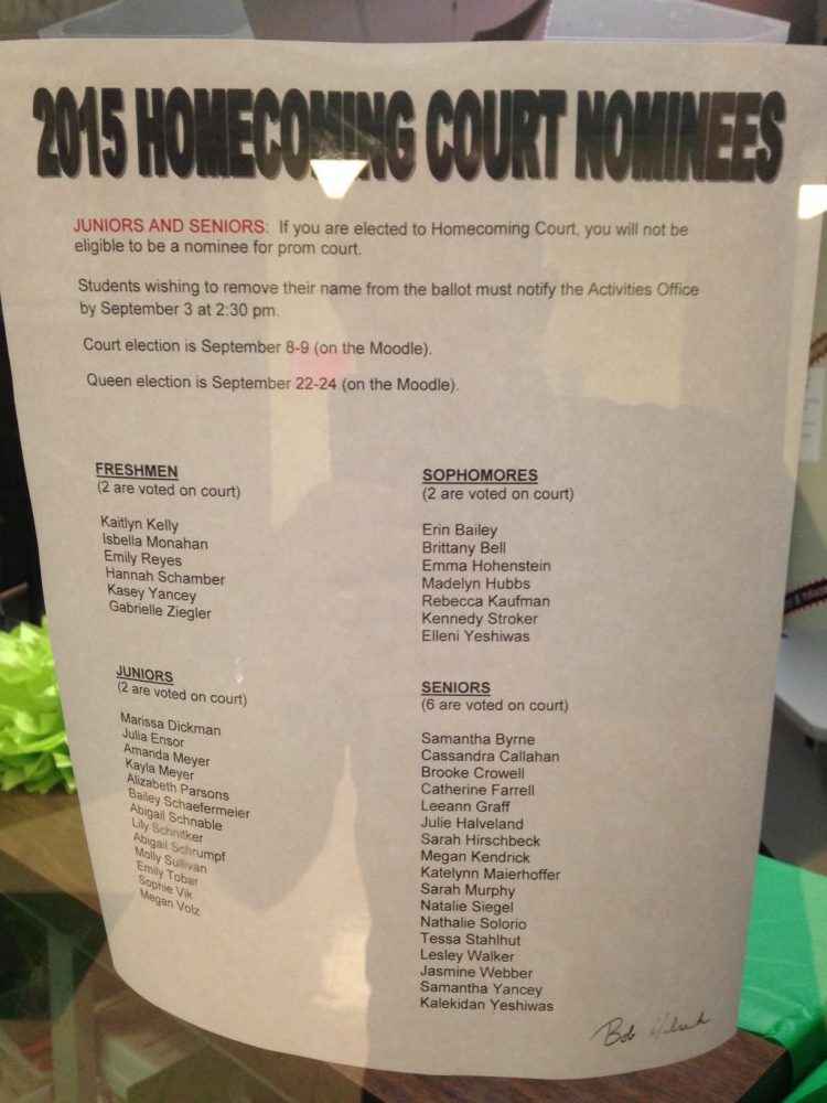 The Homecoming Court nominee list was posted on the STUCO Store window on Wednesday.
