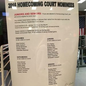 Homecoming Court nominees were announced last week. From that list, the Homecoming Court was formed after students voted on the Moodle for class representatives.