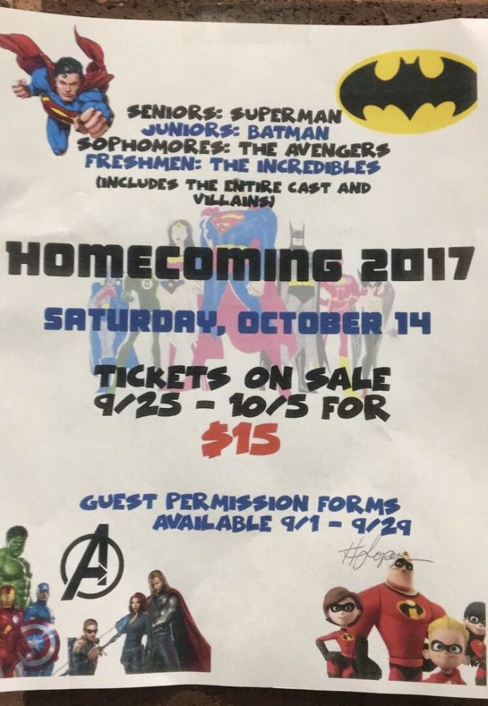 Posters like this are hung up all around the school to advertise Homecoming