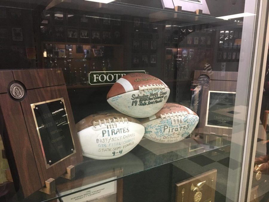 Pattonville displays all the football trophies and accomplishments in the gym lobby. Pattonville added on another trophy to this case after beating Hazelwood East.