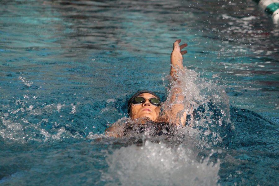 Richa Boara does the backstroke during a swim meet at Pattonville.