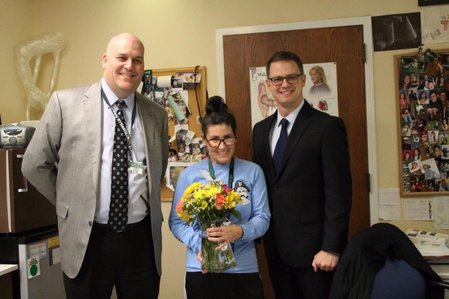 Dr. Dobronic and Mr. Grimshaw with Ms. Lanham on Tuesday, February 27, when she was announced the winner