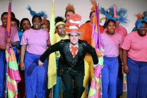 Michael Pirrie, playing the Cat in the Hat in Pattonville Highs spring musical, performs Circus McGurkus with the cast to close out Act II. 