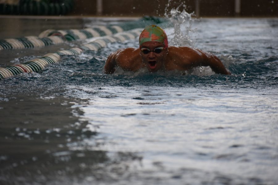 Christopher Tobar, senior, swimming a 100m butterfly at practice preparing for competition.