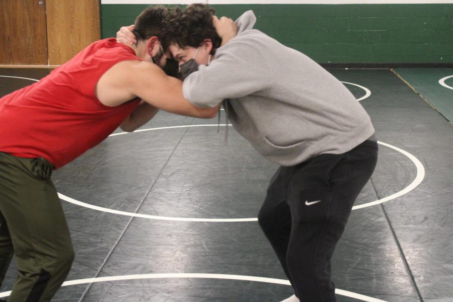 Both Pattonville High School Wrestlers Tim Shaefer and Noah Rosebaugh both tie up in a match, both trying to bring each other to the mat. 