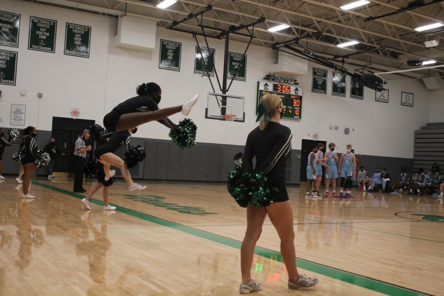 *Left* Mya Washington (Senior), *Right* Peyton Smith (Senior)  


Practices have consisted mostly of social distancing with stunts and they will be competing virtually this year. 