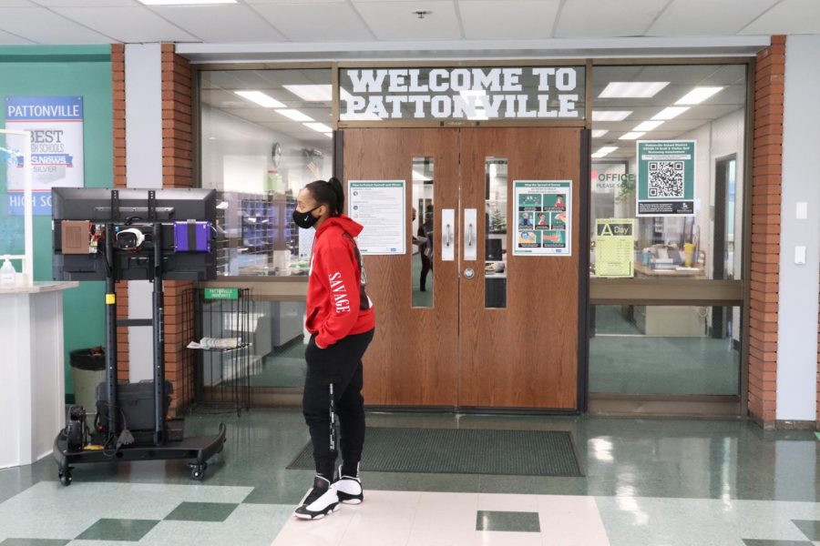Sidney Witherspoon is wearing a Nike mask as required by Pattonville schools Covid guidelines. Shes getting ready to get her mandatory daily temperature check