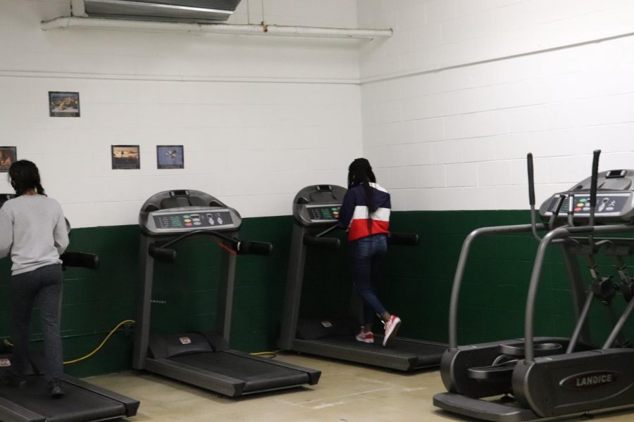 Students at PHS in the upper gym are working out while trying to social distance. They have to wear masks and stay 6 feet apart but they are still getting a good workout