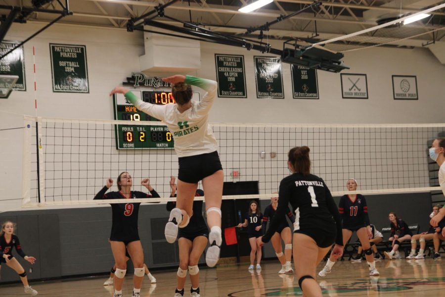 Spiking to put away the point, the girls’ volleyball team gets the win, contributing to their 13-2-6 record at the time of publication.
