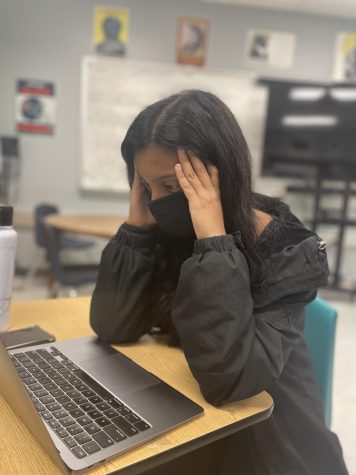 Student Talisa Prabhu stressed over a test. Since the pandemic, students report higher stress levels when facing tests.