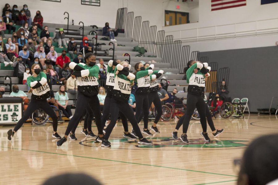 Varsity Drill team performs at halftime. The team did their Hip Hop Five routine to the Im Different Mix.