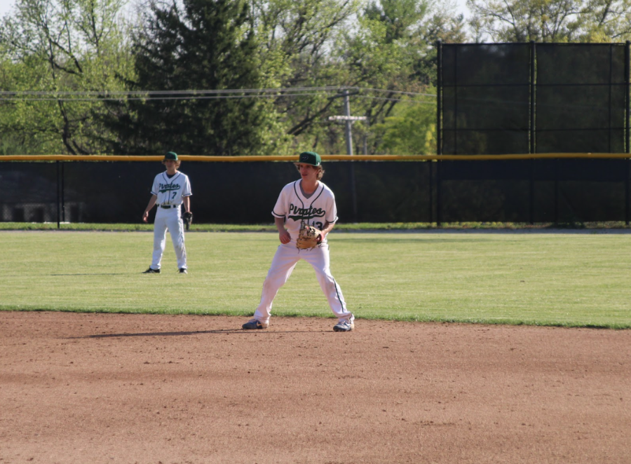 Jacob Baalmann gets down and ready in his position as a second baseman in Pattonvilles game against Ladue on April 5.