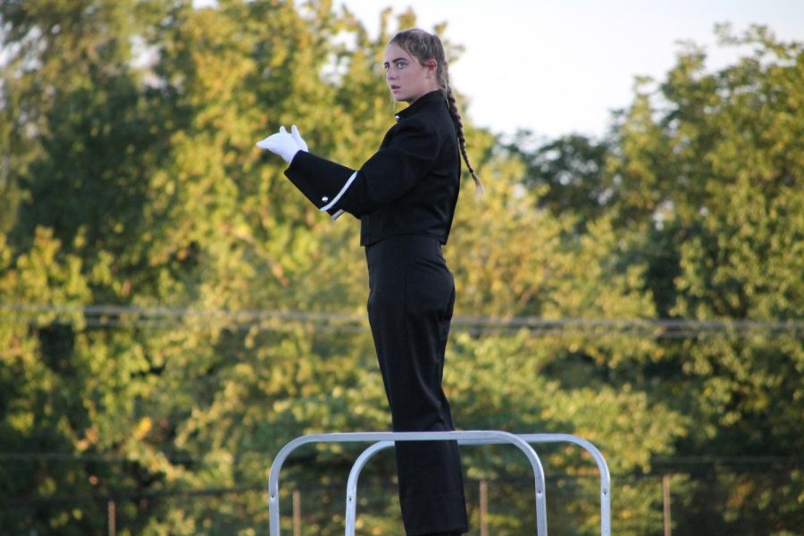 Isabelle Usry (12).
The drum majors constantly look for ways to make things look or sound cleaner, better, and smoother. “There are always improvements that we can make musically and visually, but making sure everyone has a great attitude going in and the mental focus to perform is essential in competition,” Patrick Ferguson said.