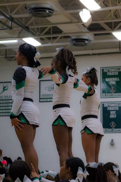 Down but not out. Alana Perez (9), Journi Guthrie (12), Kendyl Blair (11) in their formation at the boys basketball game against the Hazelwood Wildcats. The Pirates won this game 77-46.